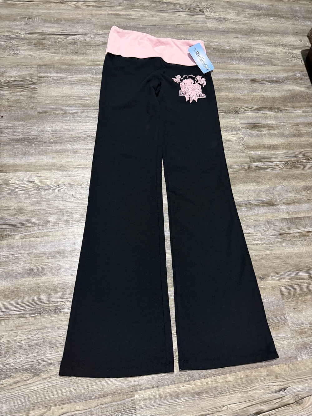 Black Flared Yoga Pants with Pink Fold-Over Waistband